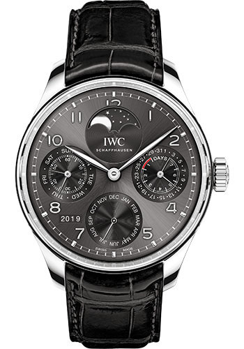 IWC Portugieser Perpetual Calendar Watch - 44.2 mm White Gold Case - Slate Dial - Black Alligator Strap