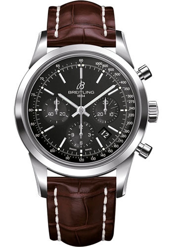 Breitling Transocean Chronograph Watch - Steel - Black Dial - Brown Croco Strap - Folding Buckle