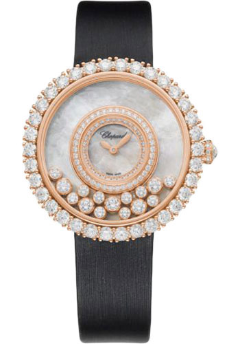 Chopard Happy Diamonds Joaillerie Watch - 37.70 mm Rose Gold Diamond Case - Diamond-Set Bezel - Textured Mother-Of-Pearl Dial - Black Strap